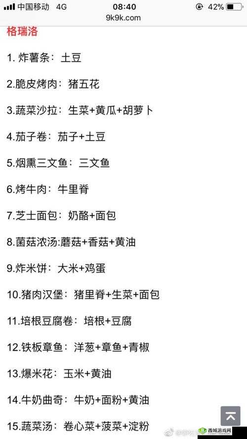 食之契约格瑞洛食物汇总 菜谱一览